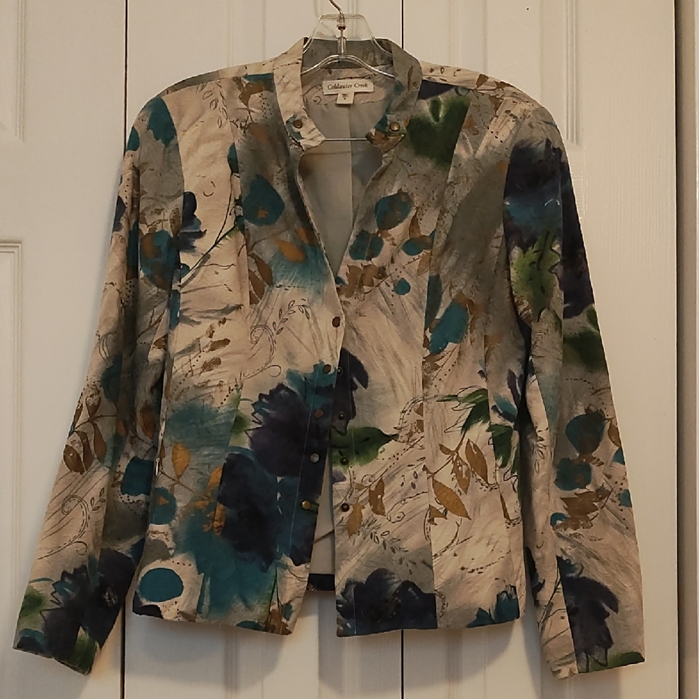 Coldwater Creek Artistic Floral Blazer - Teal, Gold, and Cream
